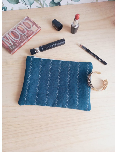 Pochette à maquillage lin bleu molletonnée fleurs