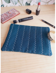 Pochette à maquillage lin bleu molletonnée fleurs 2