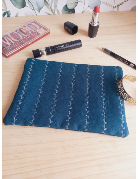 Pochette à maquillage lin bleu molletonnée fleurs