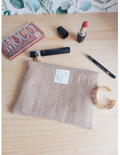 Pochette à maquillage lin beige molletonnée fleurs