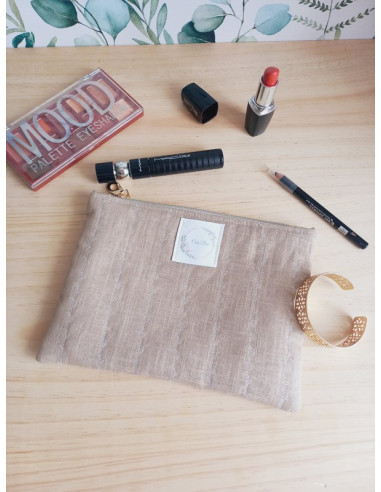 Pochette à maquillage lin beige molletonnée fleurs
