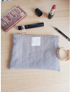 Pochette à maquillage lin gris molletonnée fleurs