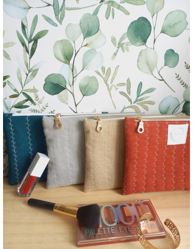 Pochette à maquillage lin gris molletonnée fleurs