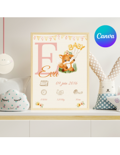 Affiche naissance décorative renard fille