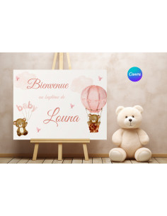 Panneau de bienvenue montgolfière ourson fille