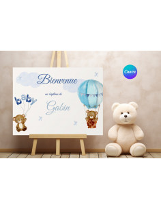 Panneau de bienvenue montgolfière ourson garçon