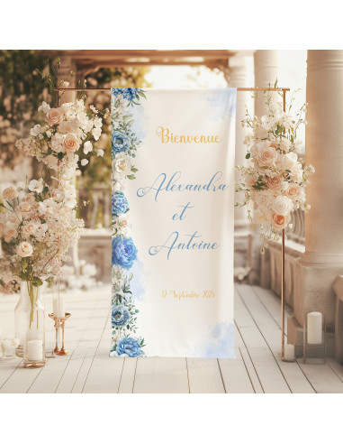 Panneaux tissus fleurs bleues